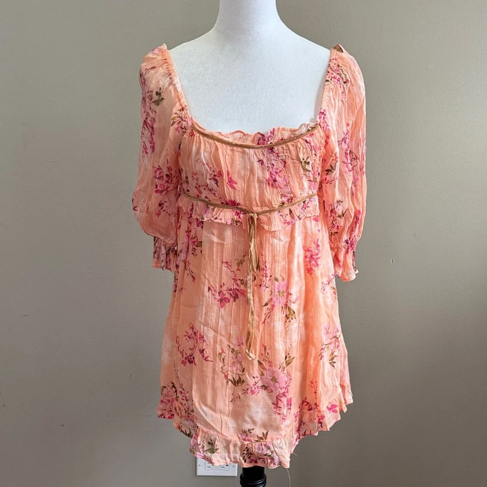 Free People Marney Square Neck Puff Sleeve Floral Printed Babydoll‎ Dress Size S